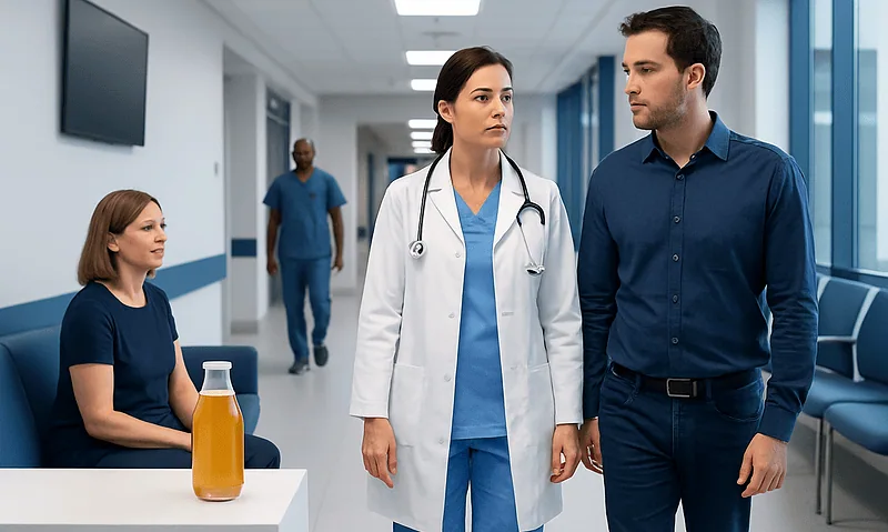 Medical professionals discussing patient care in a hospital corridor.
