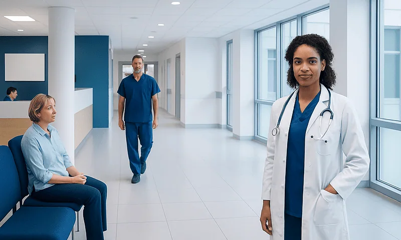 Healthcare professionals in a modern hospital corridor with patient and doctor.