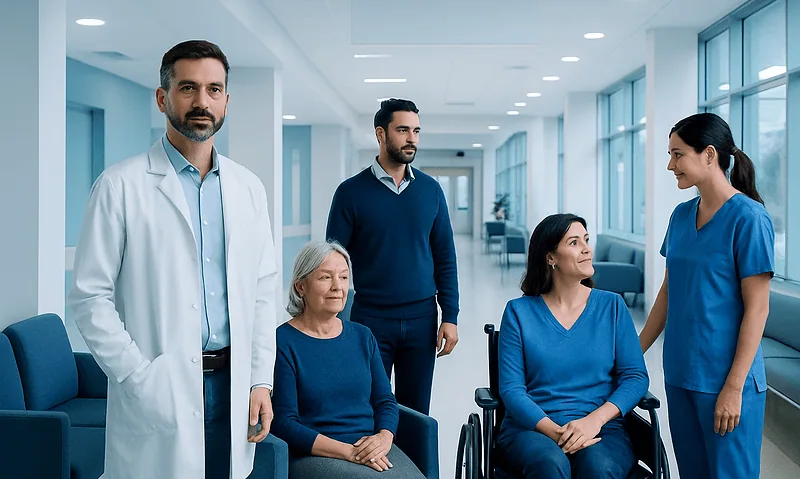 Medical team with patients in hospital corridor at Acibadem Hospitals Group.