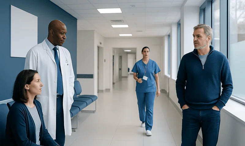 Doctor and patient having a discussion in hospital corridor.