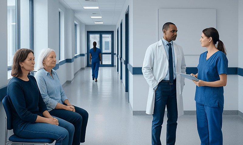 Medical consultation in hospital corridor with patients and healthcare professionals.
