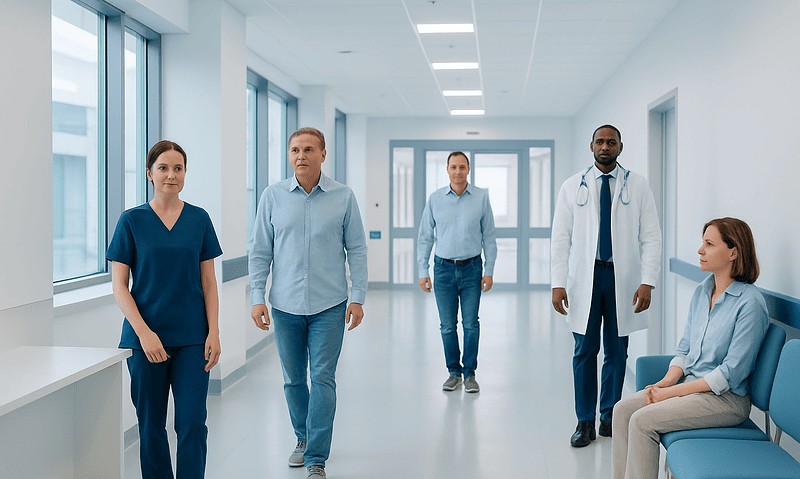 Diverse medical team walking through hospital corridor with patient.