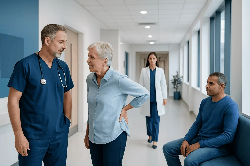 Kyphoplasty: Candidacy, Procedure Steps, and Recovery Timeline 1 Doctor consulting with elderly patient in hospital corridor.