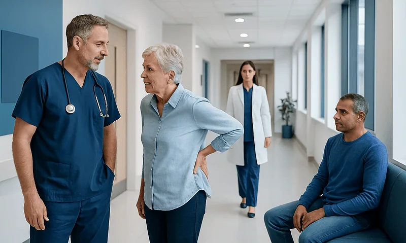 Doctor consulting with elderly patient in hospital corridor.