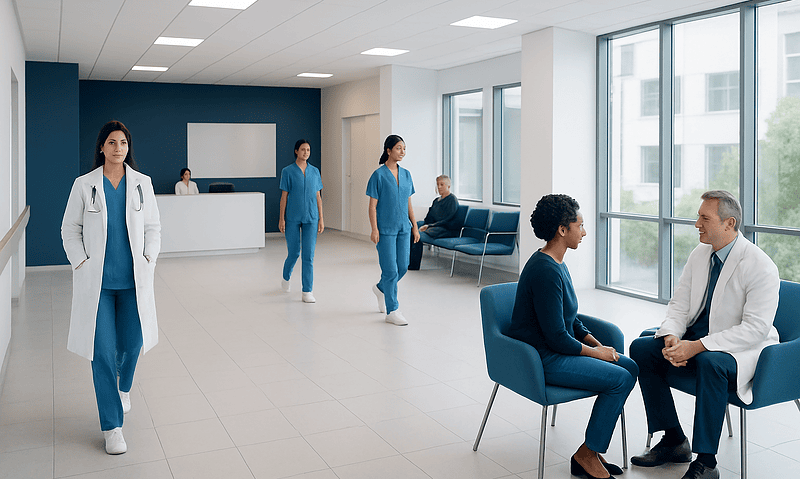 Medical staff and patients in a modern hospital waiting area.
