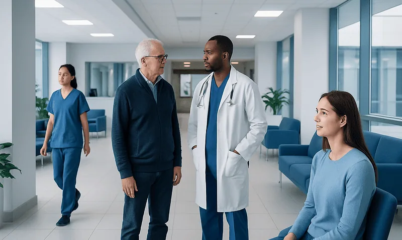 Medical consultation in a hospital corridor with doctors and patient.