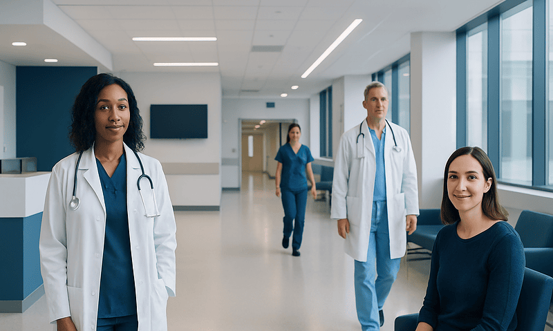 Medical professionals and patient in hospital corridor at Acibadem Hospitals Group.