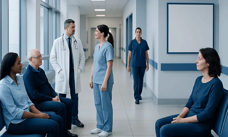 Medical team consulting patients in hospital corridor.