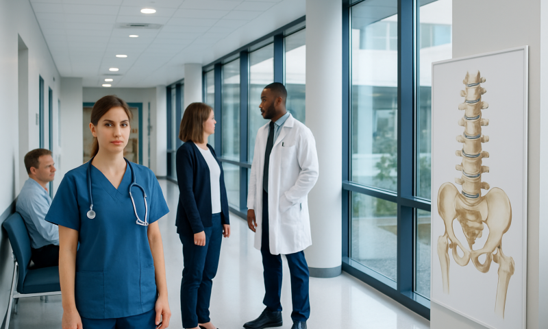 Medical team discussing patient care in a modern hospital corridor.