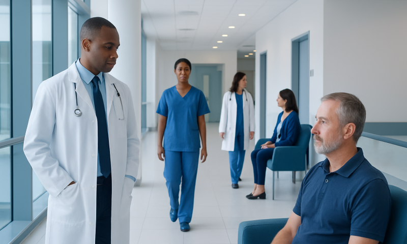 Medical consultation in hospital corridor with healthcare professionals and patient.
