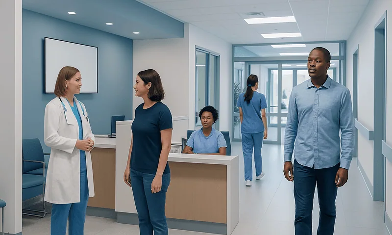 Medical staff and patients in a modern hospital corridor.
