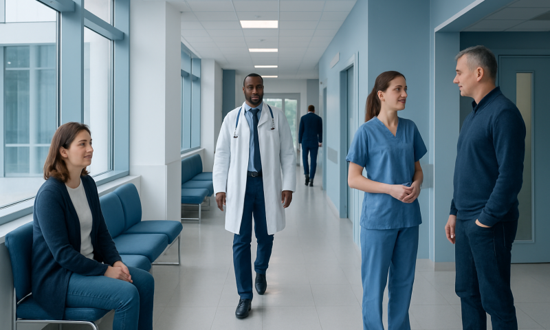 Medical staff and patients in a hospital corridor at Acibadem Hospitals Group.