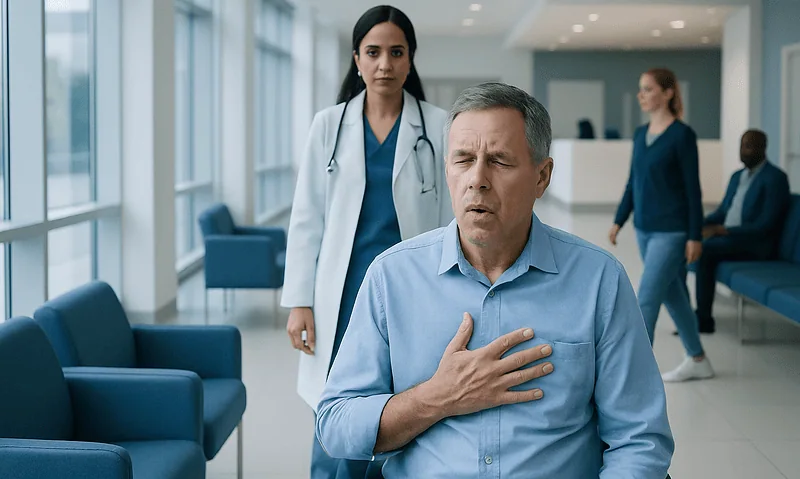 Man experiencing chest pain in hospital waiting area with medical staff nearby.