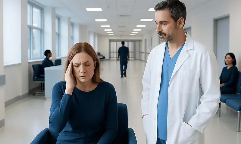 Patient experiencing dizziness consulting a doctor in hospital corridor.