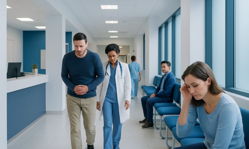 Patient experiencing fatigue and nausea in hospital waiting area.