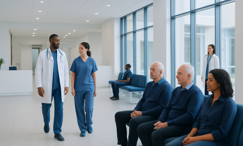 Medical professionals and patients in a modern hospital waiting area.