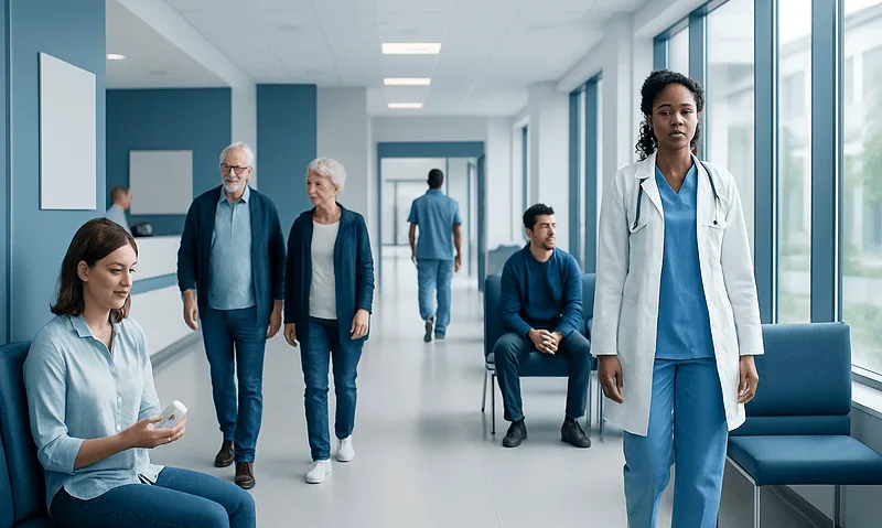 Healthcare professionals and patients in a modern hospital corridor.