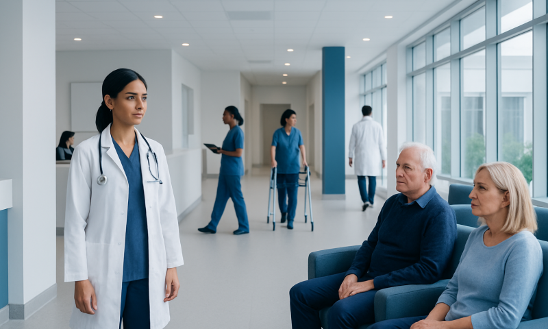 Healthcare professionals and patients in a modern hospital corridor.