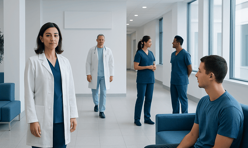 Medical team in hospital corridor with patient waiting area.