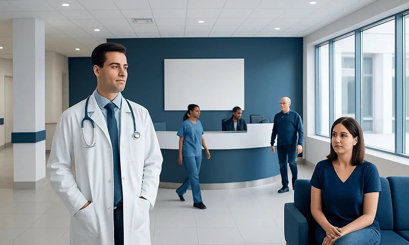 Medical team and patient in hospital reception area at Acibadem Hospitals Group.