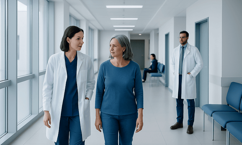 Medical professionals consulting with a patient in a hospital corridor.