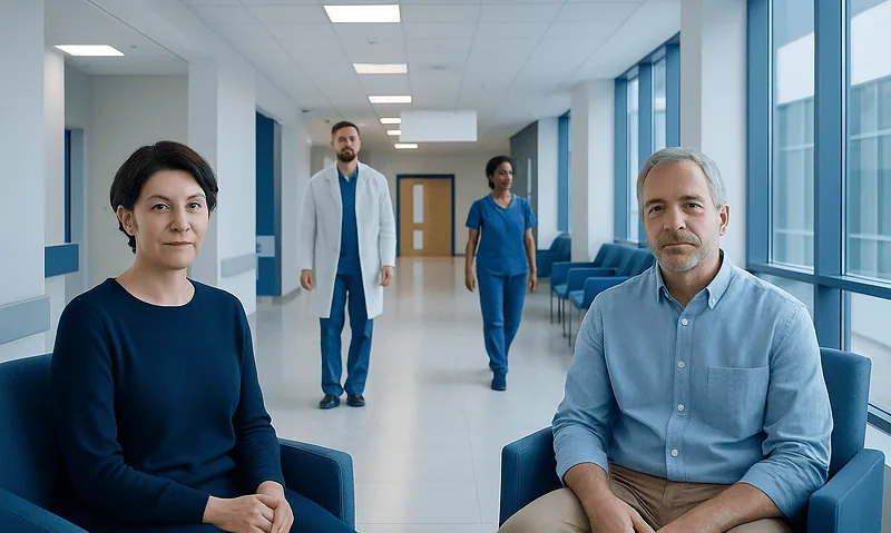 Patients waiting in a hospital corridor with medical staff in the background.