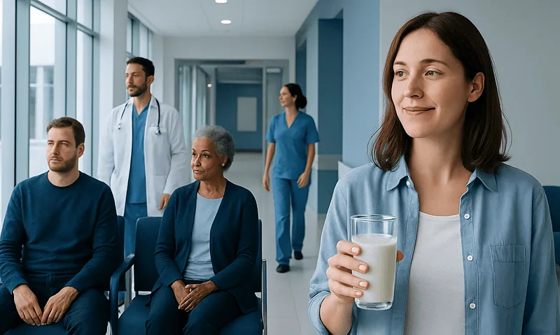Woman holding a glass of milk in a hospital waiting area.