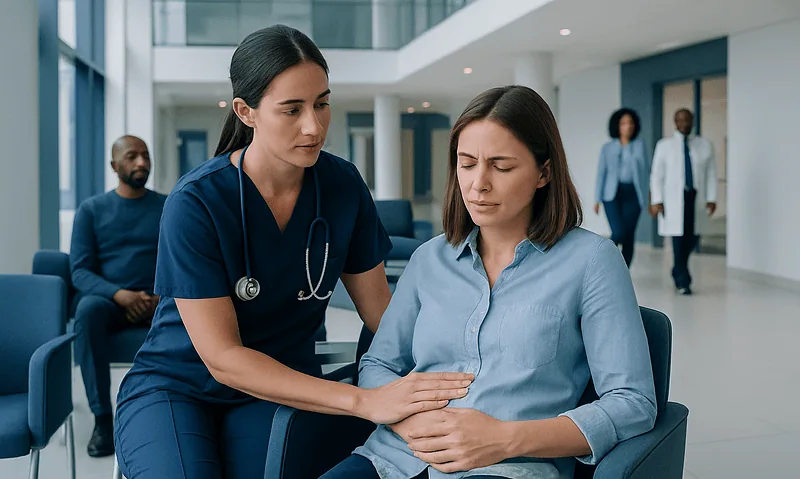 Nurse comforting a patient with stomach pain in hospital corridor.