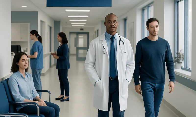 Diverse medical team in hospital corridor with patient and staff.