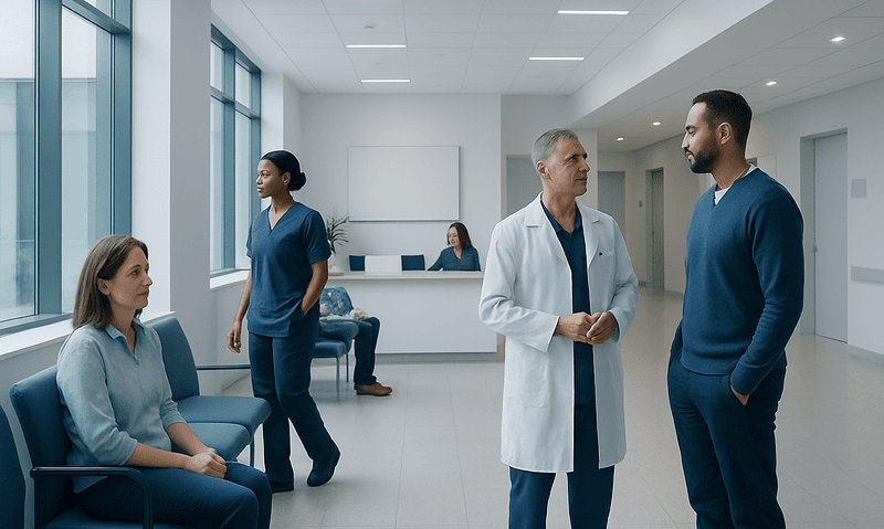 Medical professionals and patients in a modern hospital waiting area.