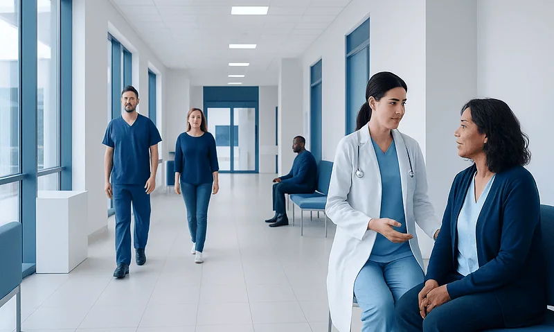 Healthcare professionals and patients in a modern hospital corridor.