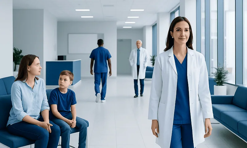 Healthcare professionals and patients in a modern hospital corridor.