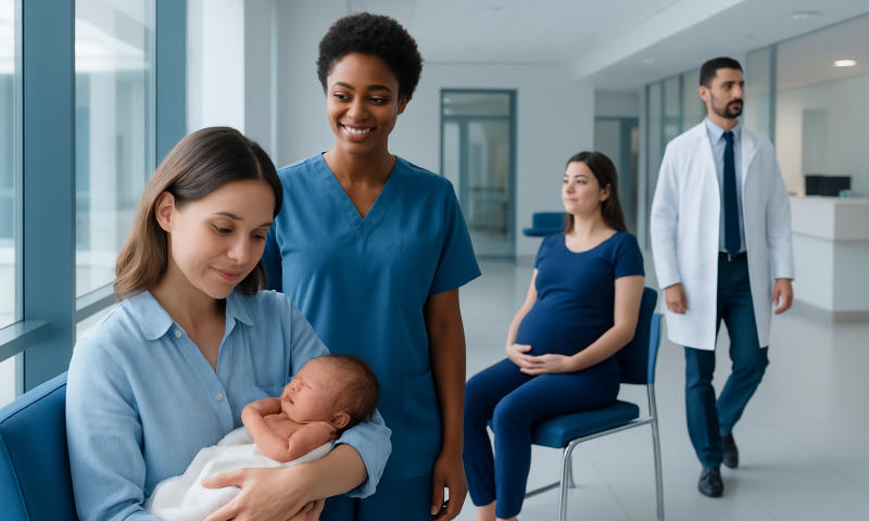 Newborn baby with mother and healthcare professionals in hospital.
