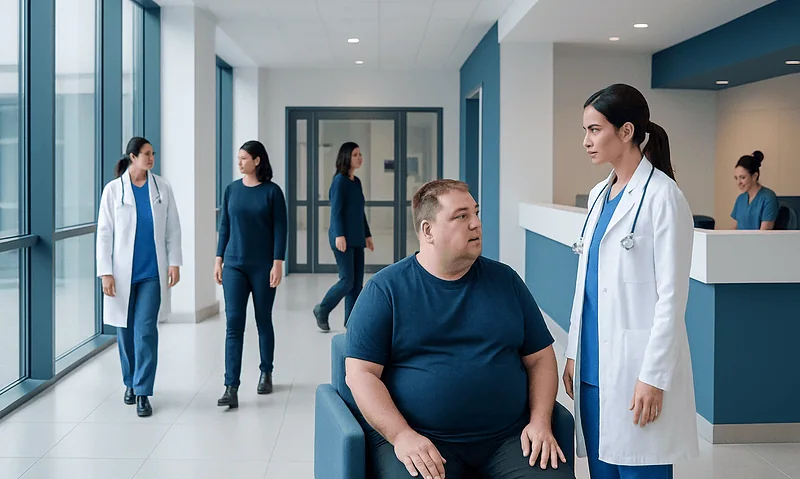 Patient consulting with doctor in hospital corridor with staff in background.