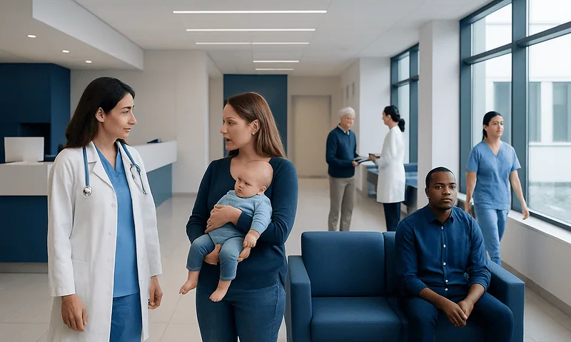 Hospital waiting area with medical staff and patients at Acibadem Hospitals Group.