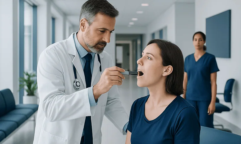Doctor performs laryngoscopy on patient in hospital corridor.