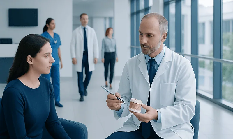 Dentist explaining dental treatment to a patient in a modern clinic.