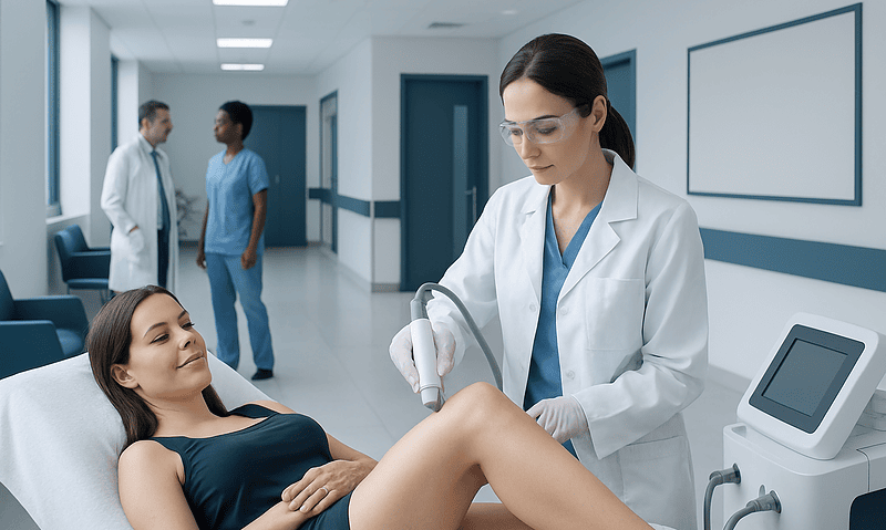 Medical professional performing laser hair removal on a patient in a clinical setting.