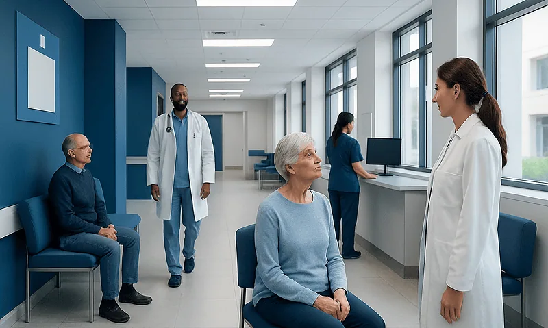 Patients and doctors in a modern hospital corridor.