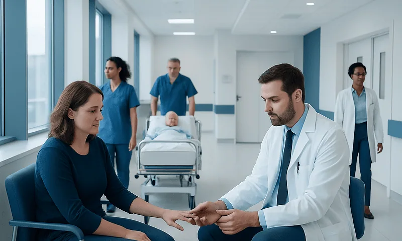 Doctor examining patient's hand in hospital corridor with medical staff in background.