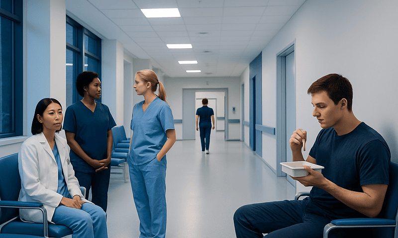 Hospital corridor with medical staff and a patient waiting area.