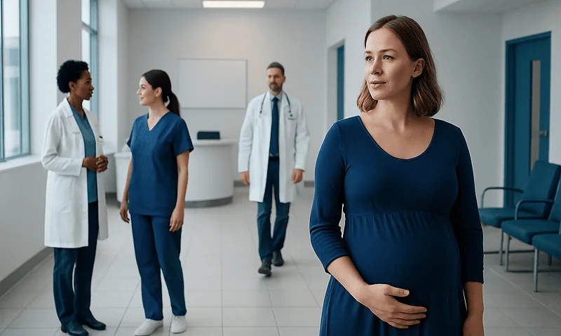 Pregnant woman in hospital corridor with medical staff in background.