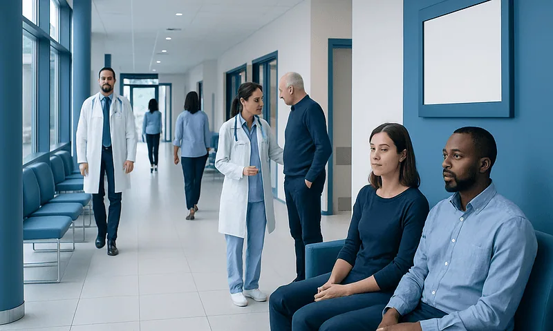 Medical staff and patients in a modern hospital corridor at Acibadem Hospitals Group.