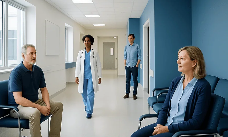 Medical consultation in a hospital corridor with patients and healthcare professionals.