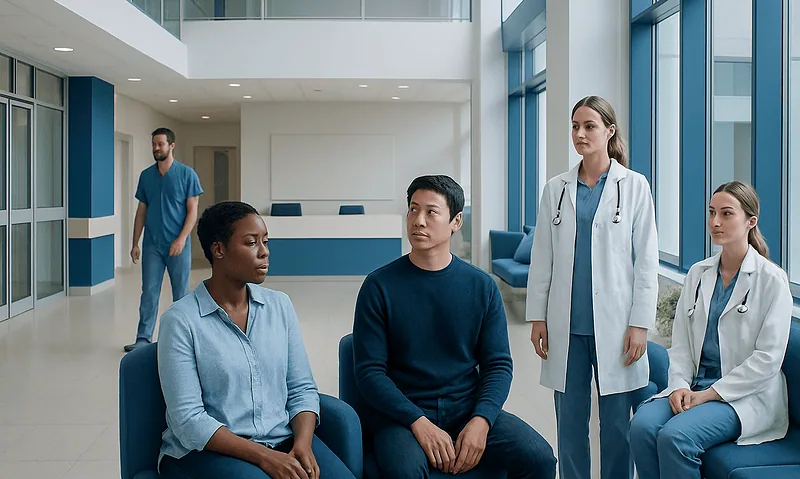 Medical team consulting in a modern hospital lobby with large windows.