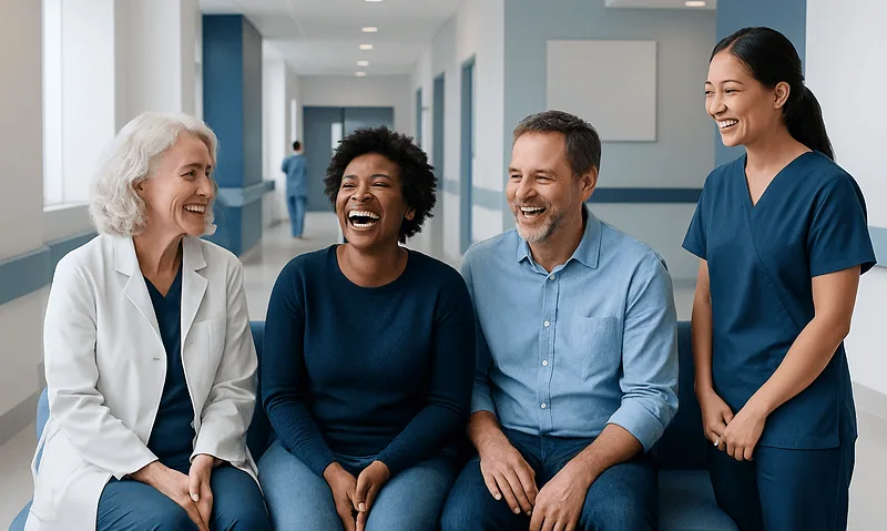 Healthcare professionals sharing a joyful moment in hospital corridor.