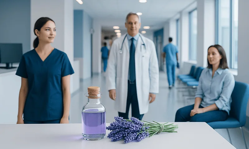 Lavender aroma oil with lavender flowers in a hospital setting.