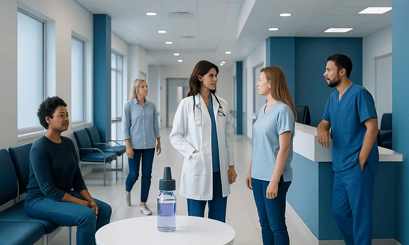 Medical team discussing patient care in hospital corridor.