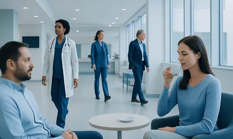 Patients and medical staff in a modern hospital waiting area.