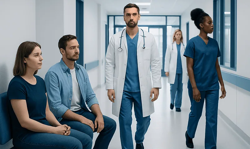 Medical team in hospital corridor with doctors and nurses in scrubs and lab coat.